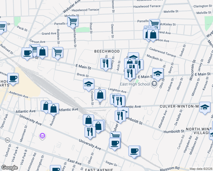 map of restaurants, bars, coffee shops, grocery stores, and more near 274 Breck Street in Rochester