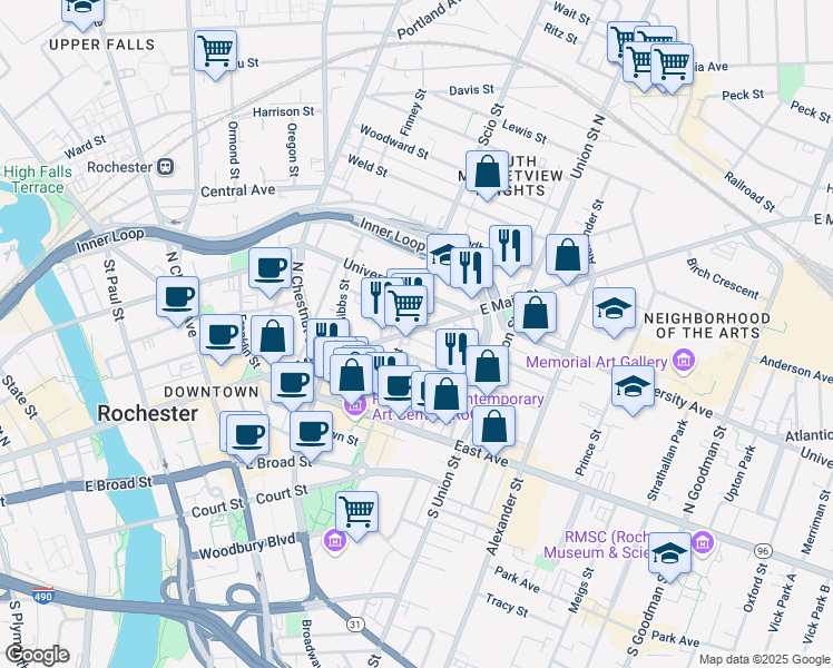 map of restaurants, bars, coffee shops, grocery stores, and more near 187 University Avenue in Rochester