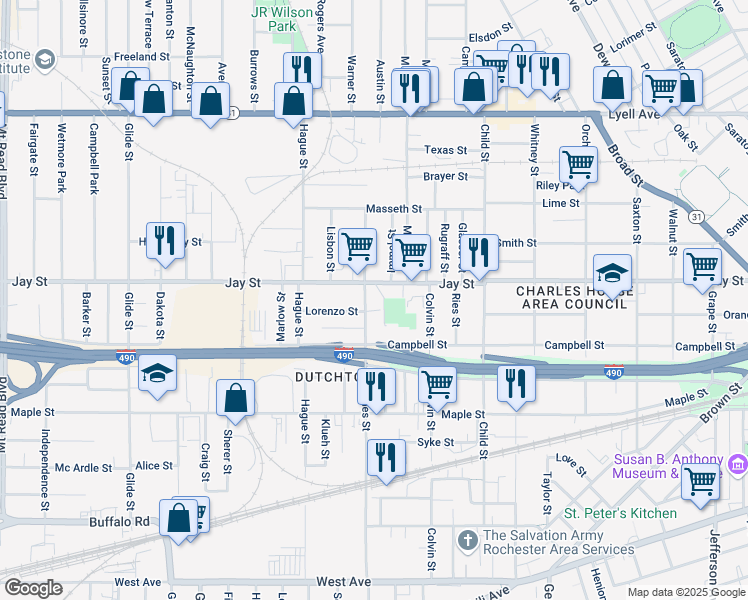 map of restaurants, bars, coffee shops, grocery stores, and more near 828 Jay Street in Rochester
