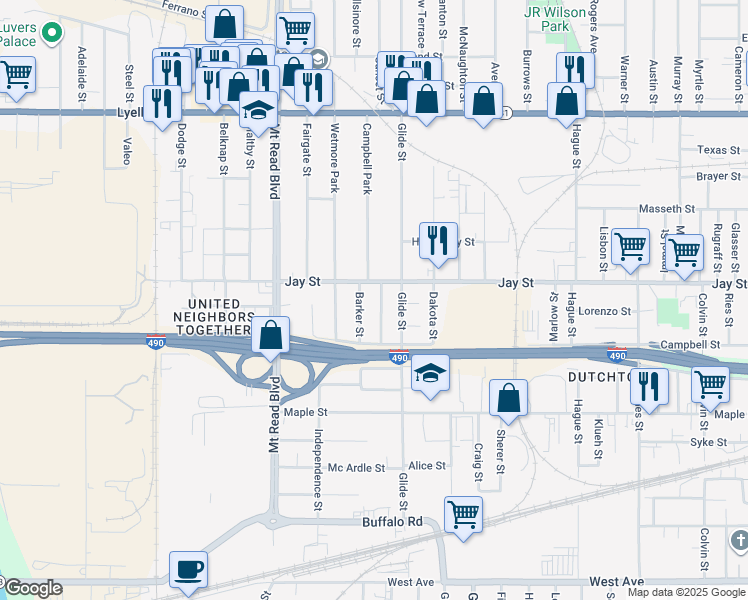 map of restaurants, bars, coffee shops, grocery stores, and more near 1254 Jay Street in Rochester