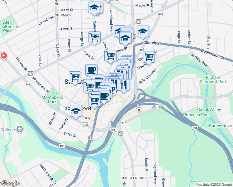 map of restaurants, bars, coffee shops, grocery stores, and more near 306 Saint Paul Street in St. Catharines