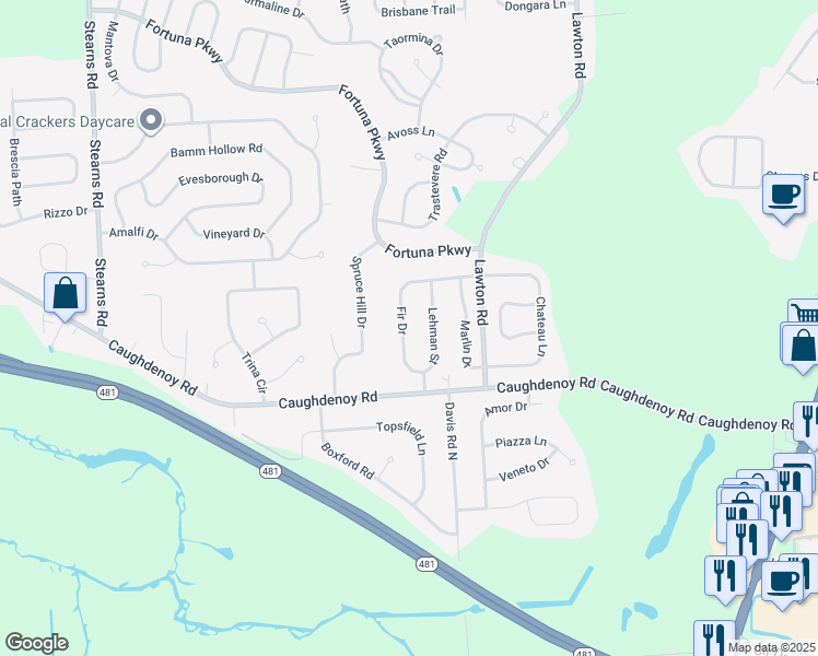 map of restaurants, bars, coffee shops, grocery stores, and more near 8022 Fir Drive in Clay