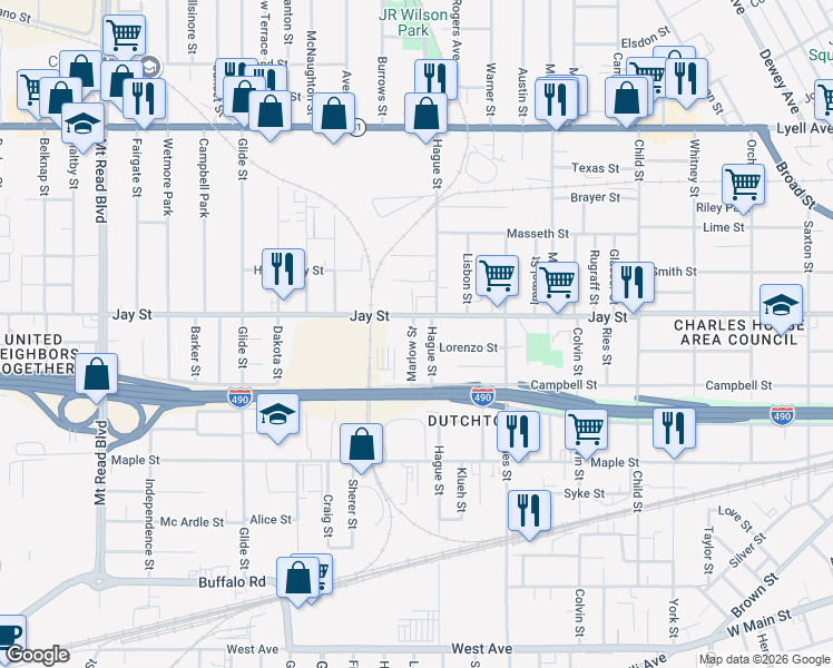 map of restaurants, bars, coffee shops, grocery stores, and more near 39 Marlow Street in Rochester