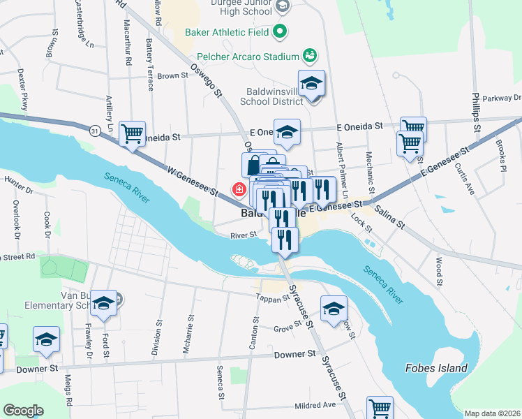 map of restaurants, bars, coffee shops, grocery stores, and more near 16 West Genesee Street in Baldwinsville
