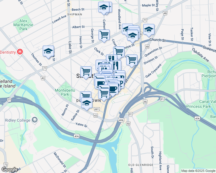 map of restaurants, bars, coffee shops, grocery stores, and more near in St. Catharines