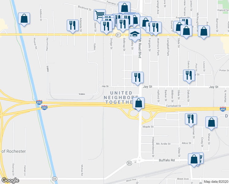map of restaurants, bars, coffee shops, grocery stores, and more near 453 Rochester Street in Rochester