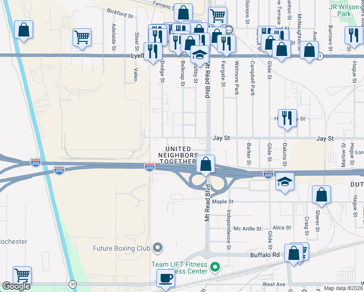 map of restaurants, bars, coffee shops, grocery stores, and more near 1520 Jay Street in Rochester