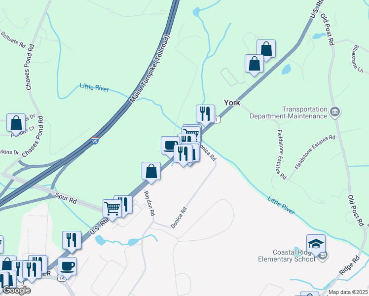 map of restaurants, bars, coffee shops, grocery stores, and more near 650 Route 1 in York