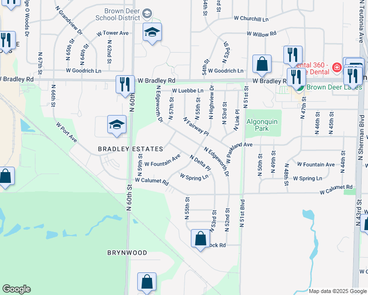 map of restaurants, bars, coffee shops, grocery stores, and more near 7819 North Edgeworth Drive in Milwaukee