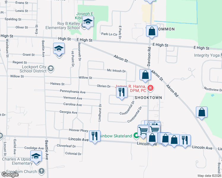 map of restaurants, bars, coffee shops, grocery stores, and more near 862 Willow Street in Lockport