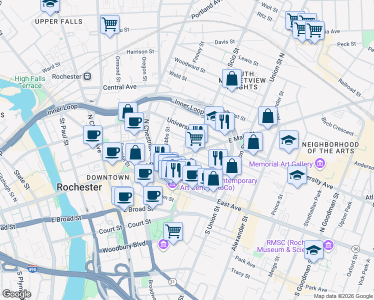 map of restaurants, bars, coffee shops, grocery stores, and more near in Rochester
