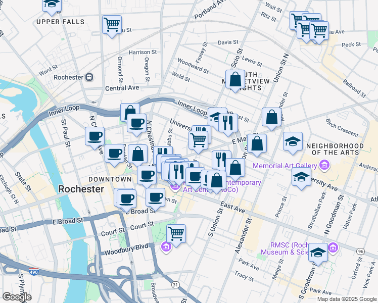 map of restaurants, bars, coffee shops, grocery stores, and more near in Rochester