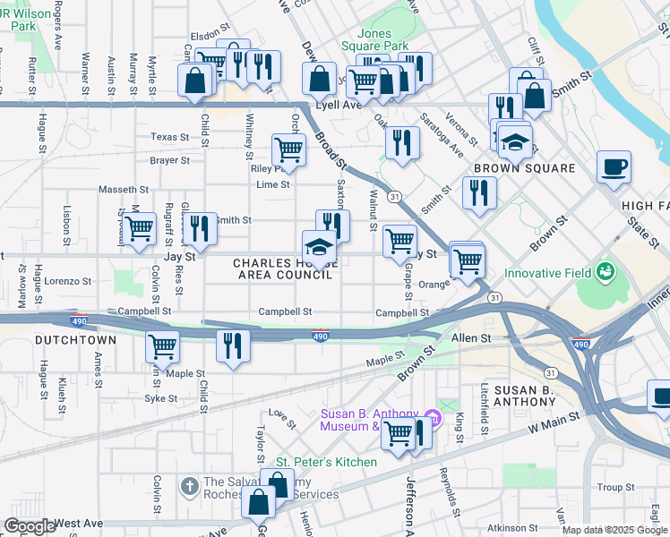 map of restaurants, bars, coffee shops, grocery stores, and more near 460 Jay Street in Rochester