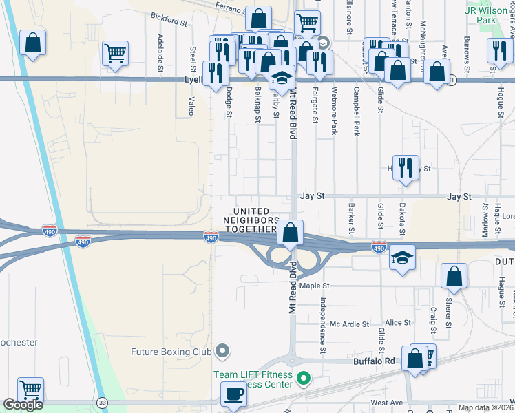 map of restaurants, bars, coffee shops, grocery stores, and more near 1520 Jay Street in Rochester