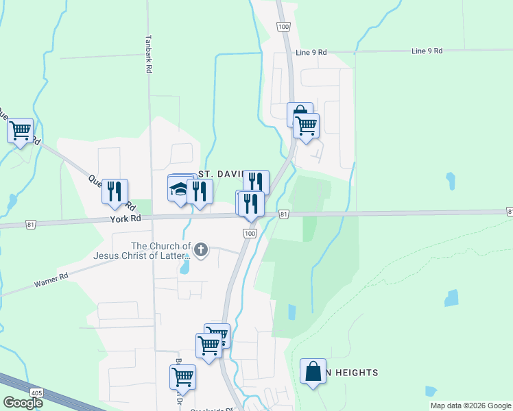 map of restaurants, bars, coffee shops, grocery stores, and more near 272 Four Mile Creek Road in Niagara-on-the-Lake