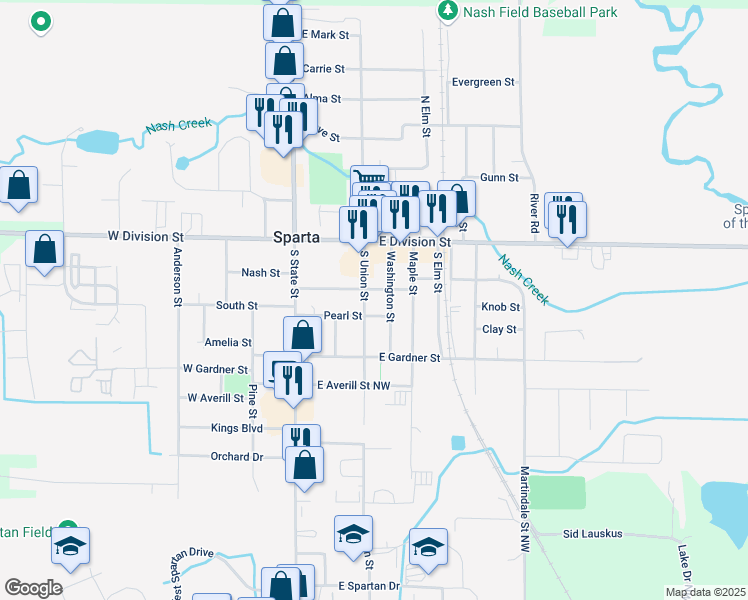 map of restaurants, bars, coffee shops, grocery stores, and more near 66 South Union Street in Sparta