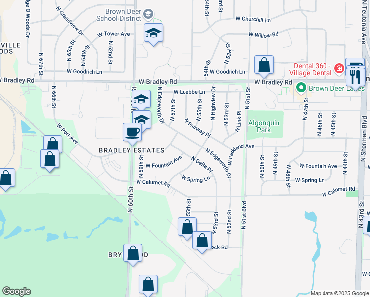 map of restaurants, bars, coffee shops, grocery stores, and more near 7819 North Edgeworth Drive in Milwaukee