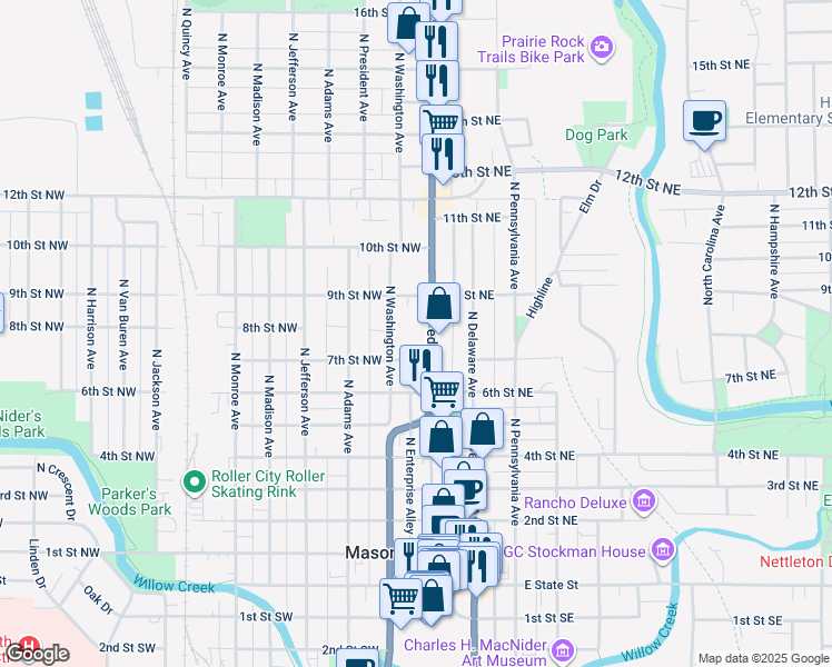 map of restaurants, bars, coffee shops, grocery stores, and more near 809 North Federal Avenue in Mason City