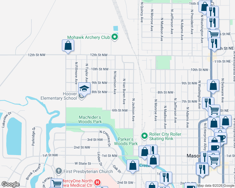 map of restaurants, bars, coffee shops, grocery stores, and more near 814 North Harrison Avenue in Mason City