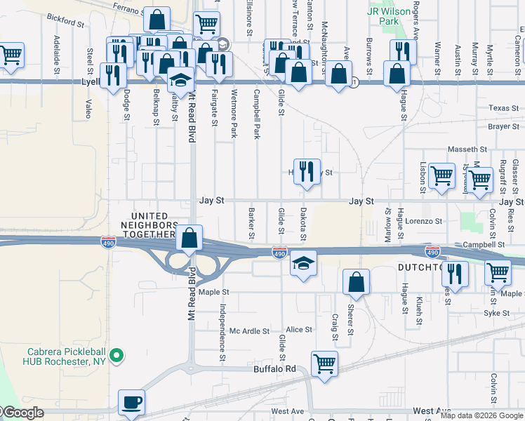 map of restaurants, bars, coffee shops, grocery stores, and more near 1254 Jay Street in Rochester