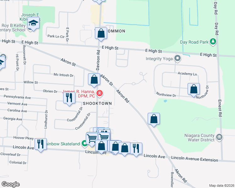 map of restaurants, bars, coffee shops, grocery stores, and more near 385 Akron Street in Lockport