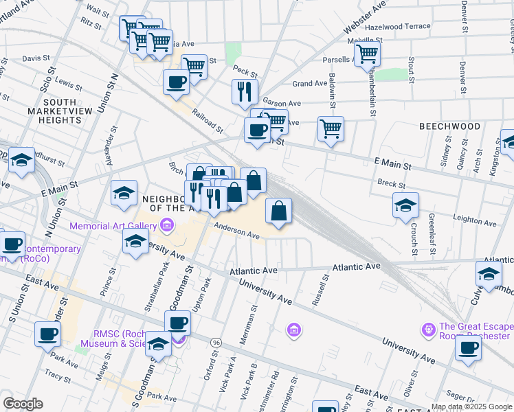 map of restaurants, bars, coffee shops, grocery stores, and more near 348 Goodman Street North in Rochester