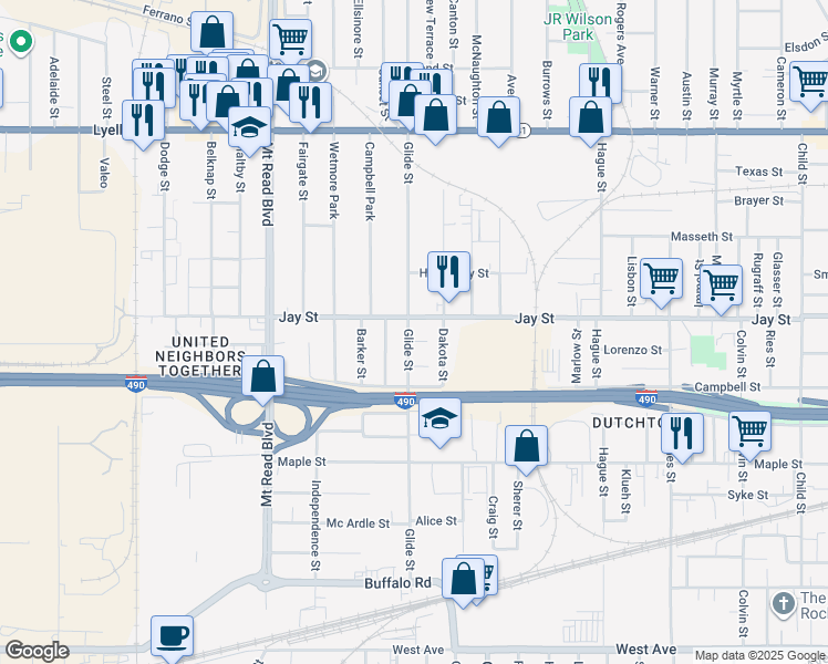 map of restaurants, bars, coffee shops, grocery stores, and more near 384 Glide Street in Rochester