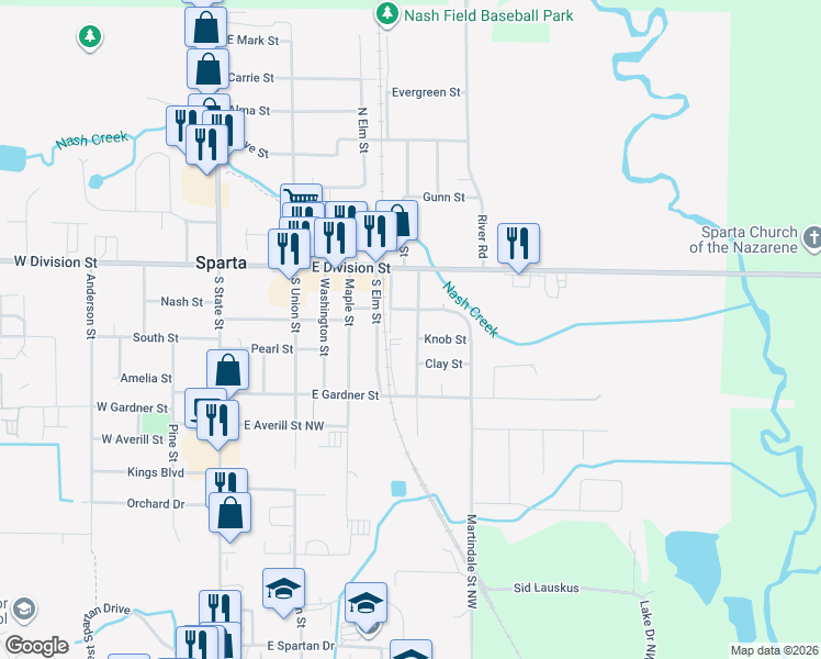 map of restaurants, bars, coffee shops, grocery stores, and more near 54 Prospect Street Northwest in Sparta