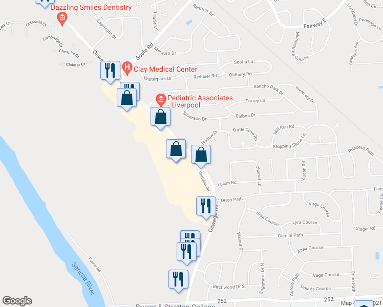 map of restaurants, bars, coffee shops, grocery stores, and more near 4015 Pine Hollow Drive in Liverpool