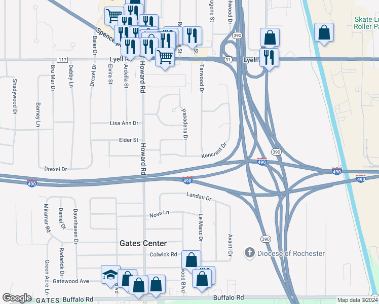 map of restaurants, bars, coffee shops, grocery stores, and more near 57 Pasadena Drive in Rochester