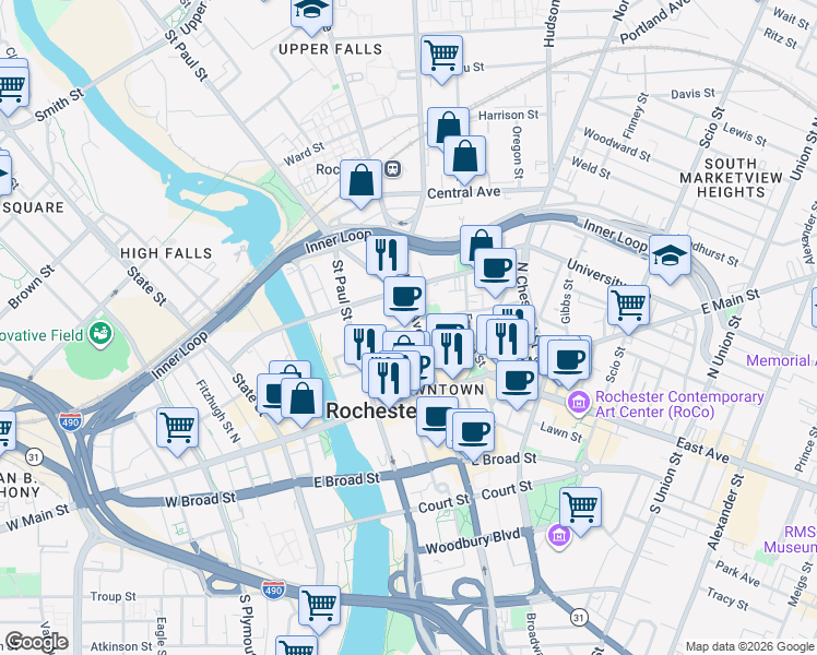 map of restaurants, bars, coffee shops, grocery stores, and more near 1 Pleasant Street in Rochester