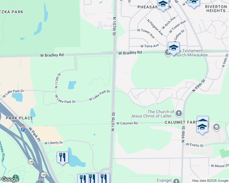 map of restaurants, bars, coffee shops, grocery stores, and more near North 107th Street in Milwaukee