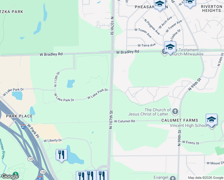 map of restaurants, bars, coffee shops, grocery stores, and more near N 107th St & W Fountain Ave in Milwaukee