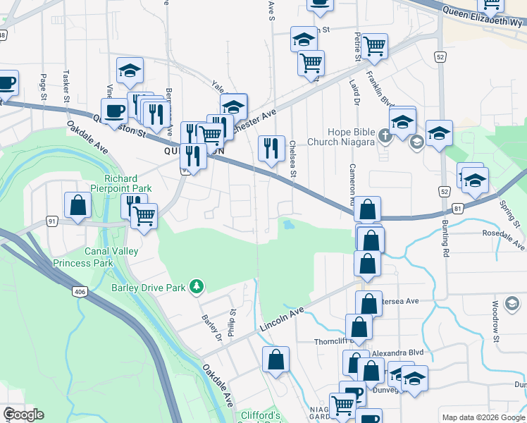 map of restaurants, bars, coffee shops, grocery stores, and more near 26 Ravine Road in St. Catharines