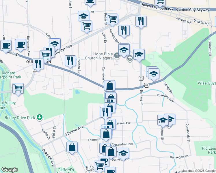 map of restaurants, bars, coffee shops, grocery stores, and more near 349 Queenston Street in St. Catharines