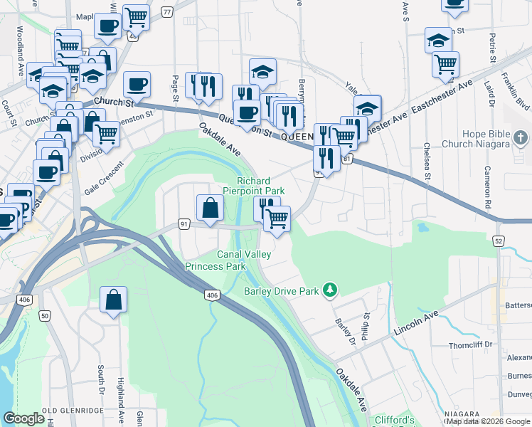map of restaurants, bars, coffee shops, grocery stores, and more near 308 Oakdale Avenue in Saint Catharines