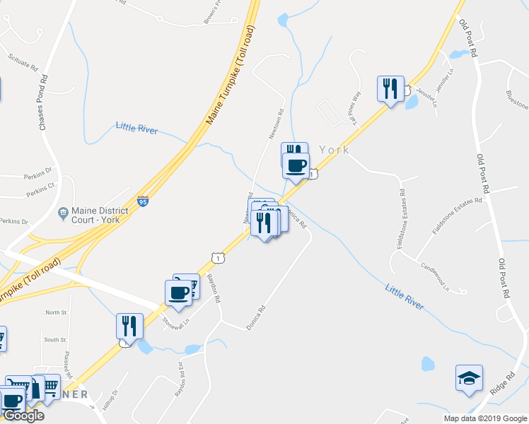map of restaurants, bars, coffee shops, grocery stores, and more near 650 U.S. 1 in York