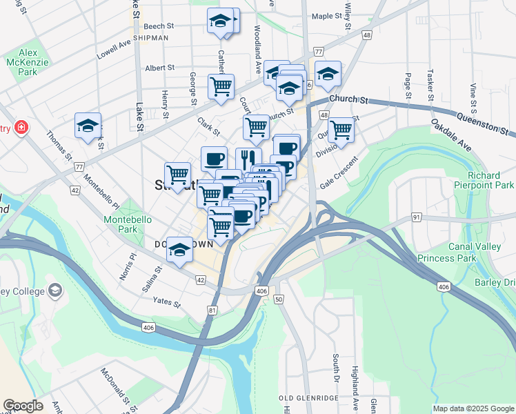 map of restaurants, bars, coffee shops, grocery stores, and more near in St. Catharines