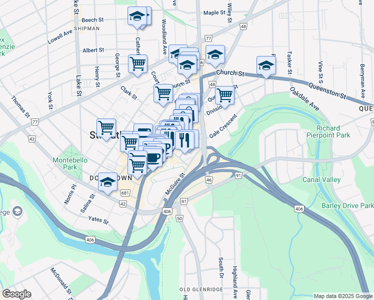 map of restaurants, bars, coffee shops, grocery stores, and more near 10 Head Street in St. Catharines