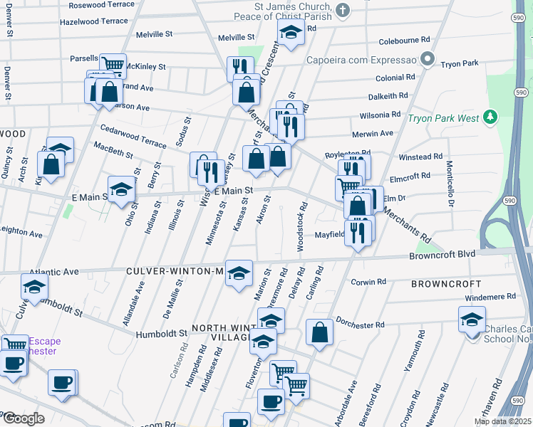 map of restaurants, bars, coffee shops, grocery stores, and more near 129 Akron Street in Rochester