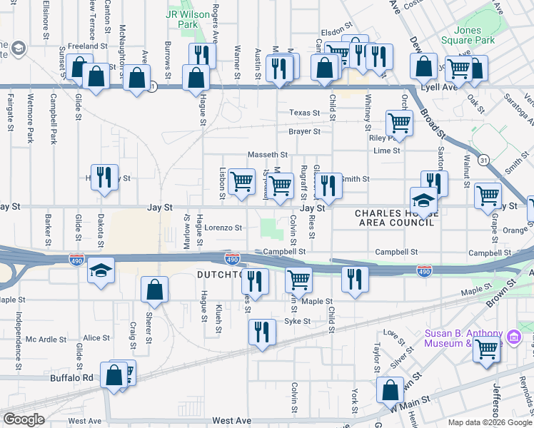 map of restaurants, bars, coffee shops, grocery stores, and more near 828 Jay Street in Rochester