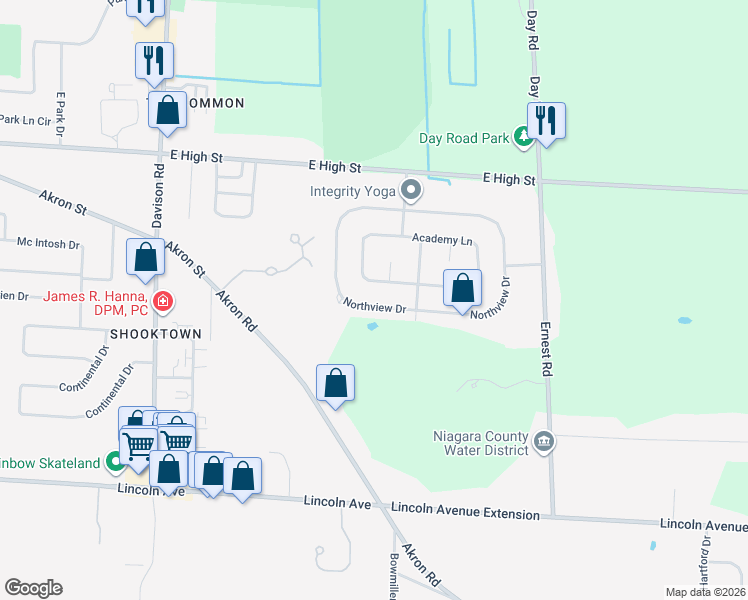 map of restaurants, bars, coffee shops, grocery stores, and more near 7089 Academy Lane in Lockport