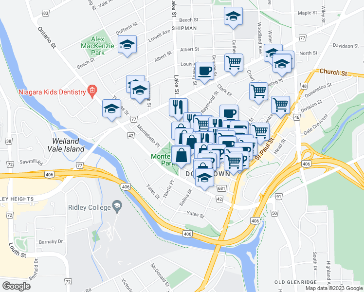 map of restaurants, bars, coffee shops, grocery stores, and more near 7 Duke Street in Saint Catharines