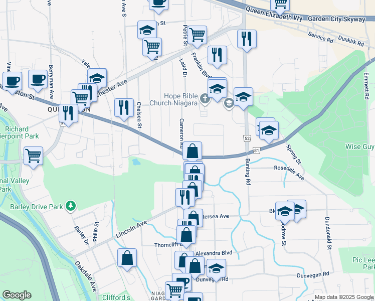 map of restaurants, bars, coffee shops, grocery stores, and more near 347 Queenston Street in St. Catharines