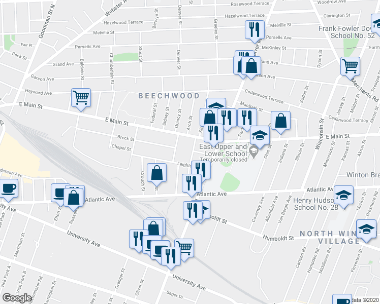 map of restaurants, bars, coffee shops, grocery stores, and more near 45 Bowman Street in Rochester