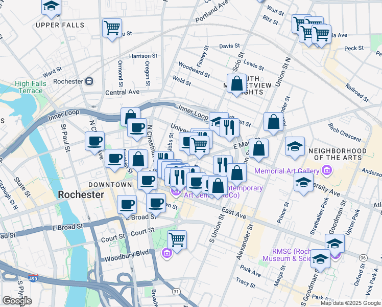 map of restaurants, bars, coffee shops, grocery stores, and more near in Rochester