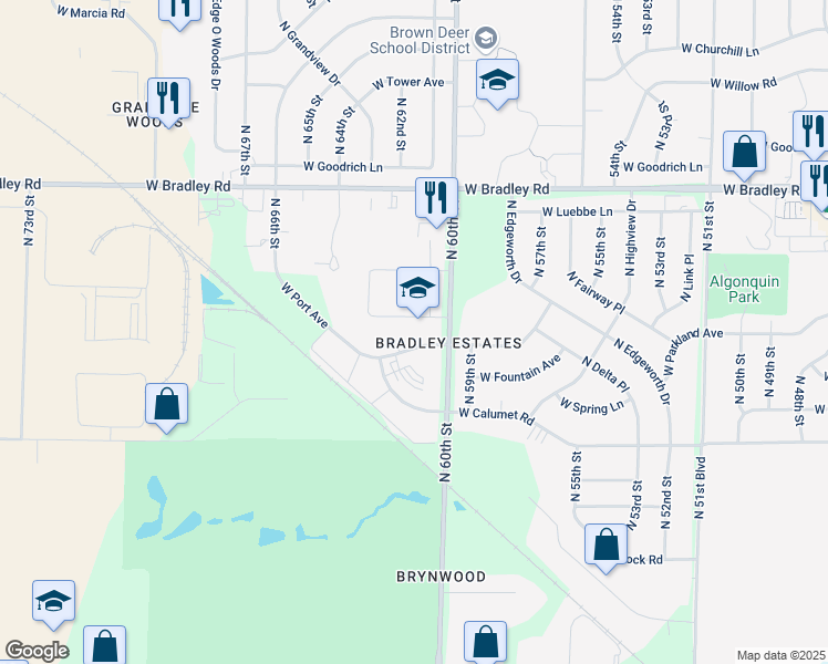 map of restaurants, bars, coffee shops, grocery stores, and more near 6130 West Port Avenue in Milwaukee