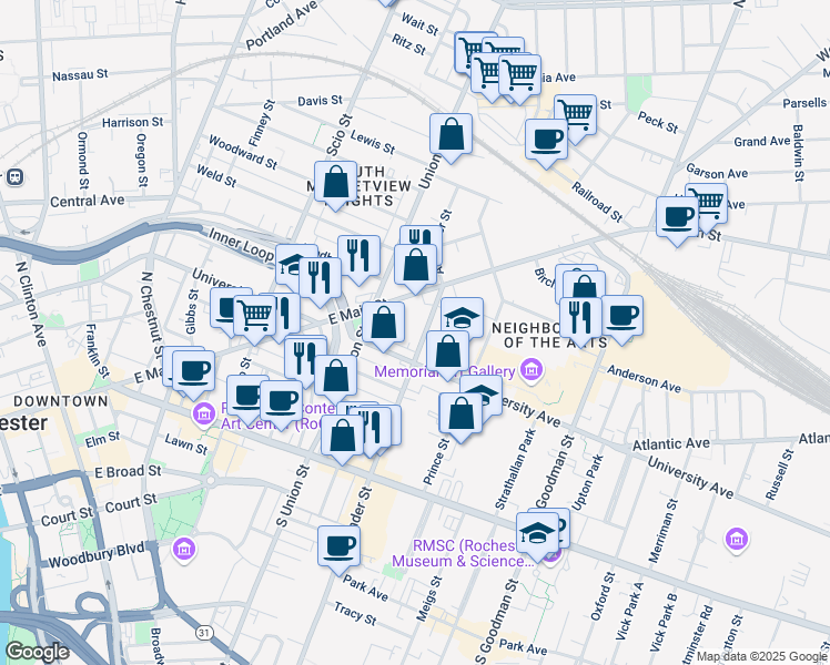 map of restaurants, bars, coffee shops, grocery stores, and more near 413 Alexander Street in Rochester