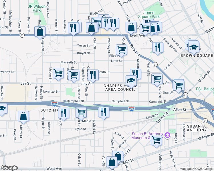 map of restaurants, bars, coffee shops, grocery stores, and more near 618 Jay Street in Rochester