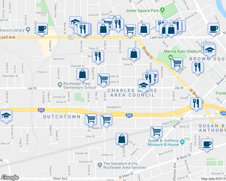 map of restaurants, bars, coffee shops, grocery stores, and more near 618 Jay Street in Rochester